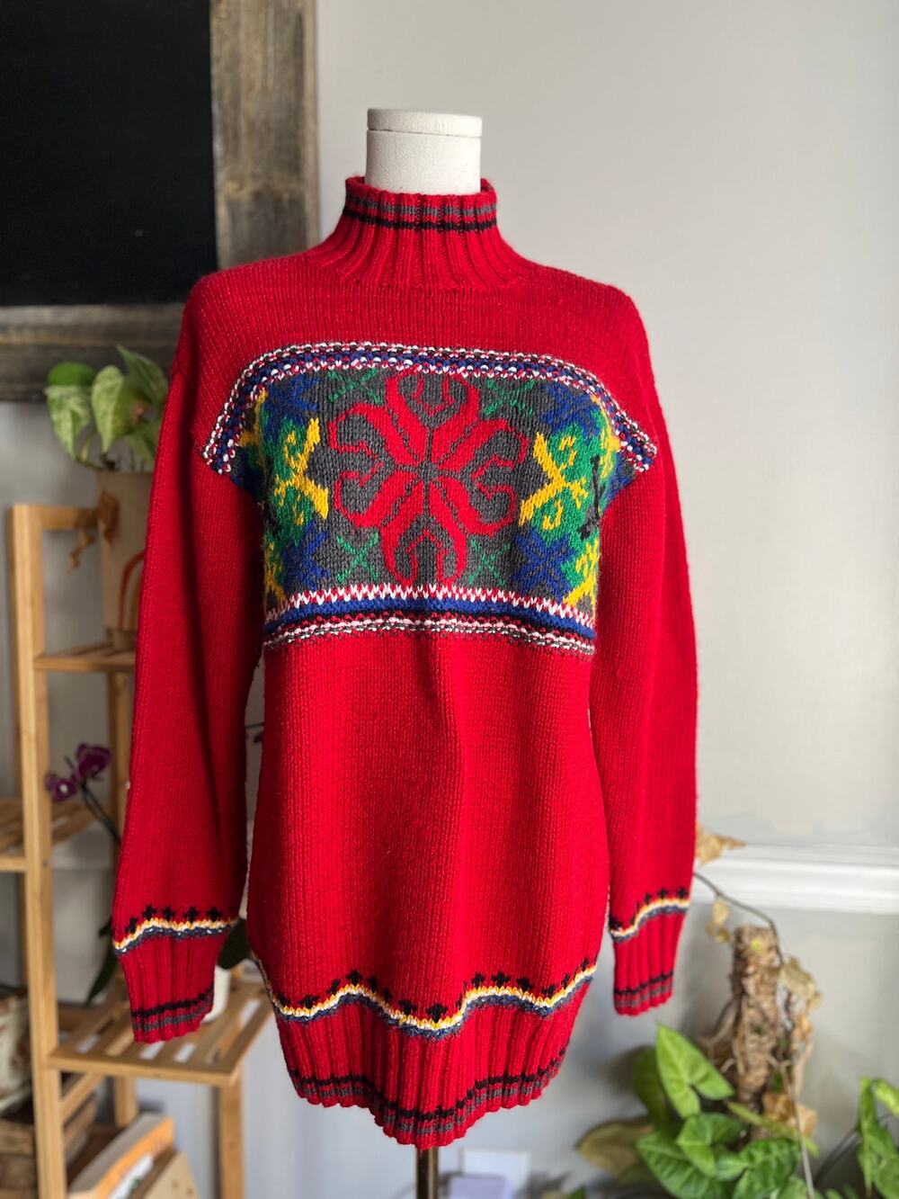 Vintage 90s Mockneck Sweater Tribal Aztec Scandinavian Red Size Small
